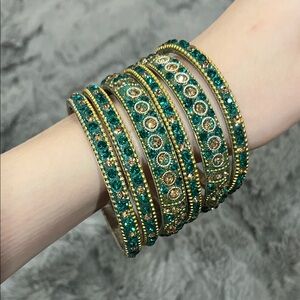 Set Of Six Elegant Green and Gold Bangle Set